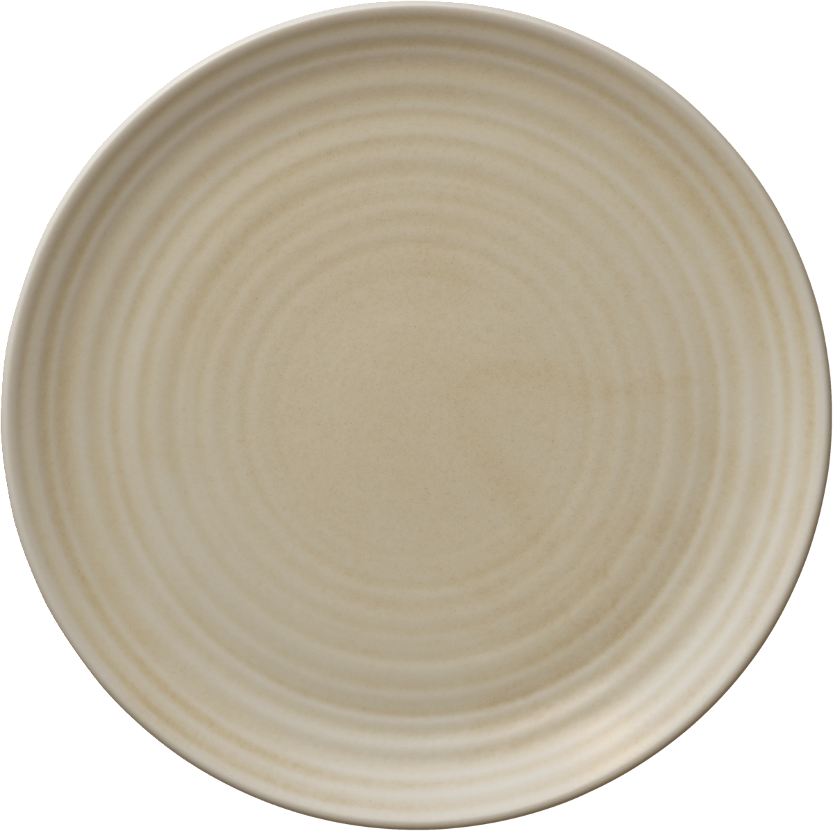 Beige, runde, geriffelte Keramikplatte.