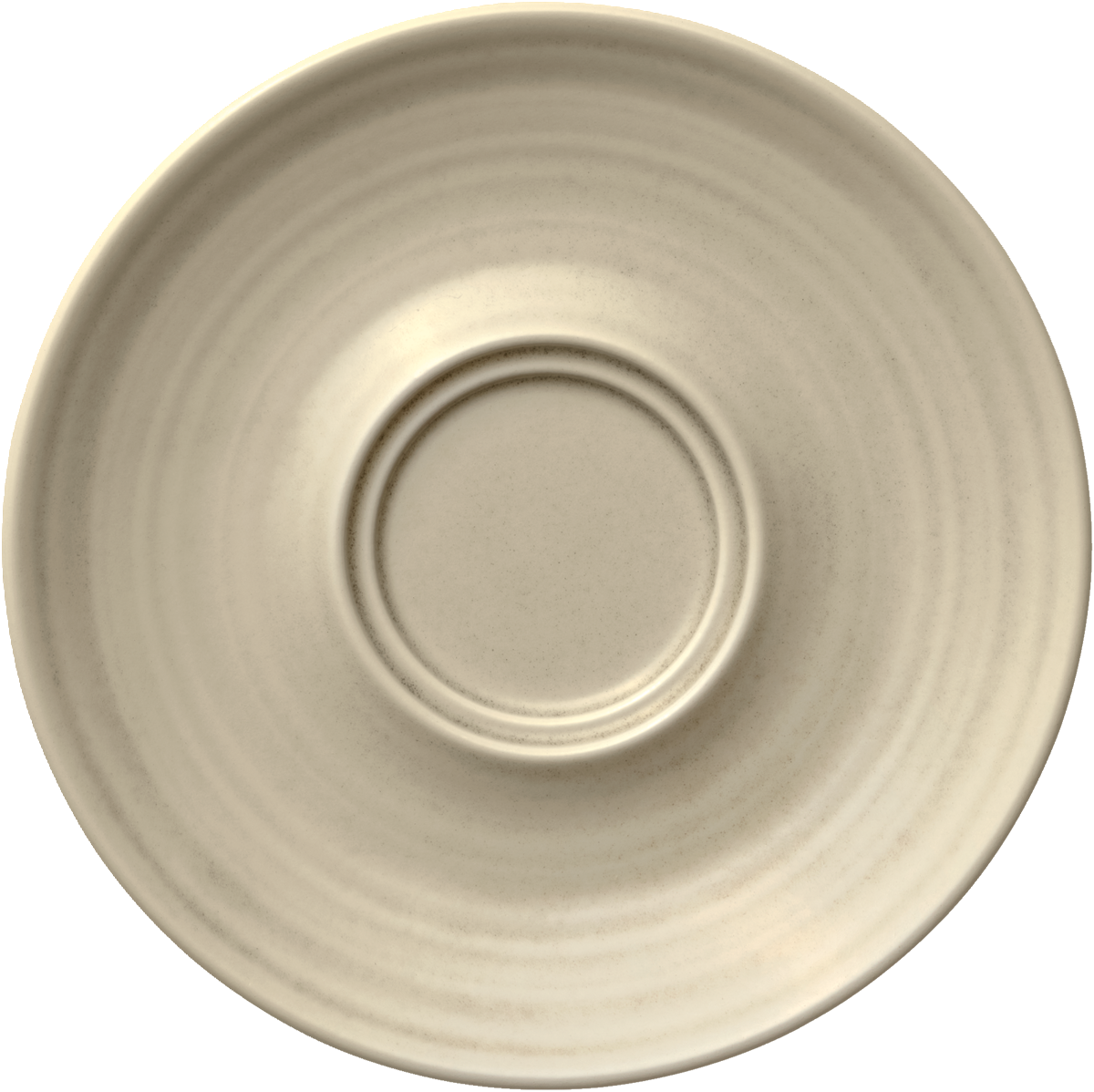 Beige Untertasse mit Doppelmulde.