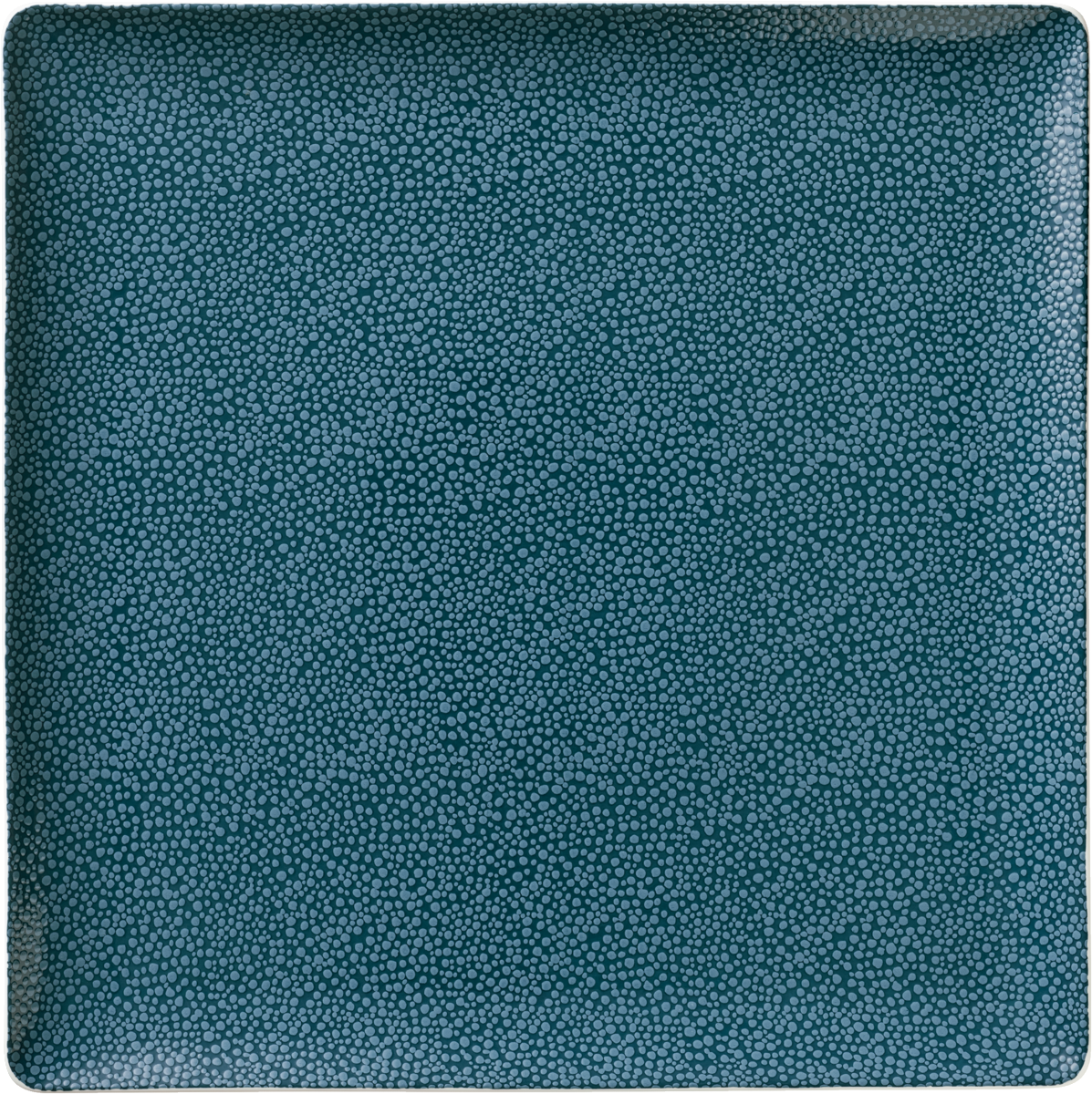 Quadratischer, blauer Teller mit Muster.