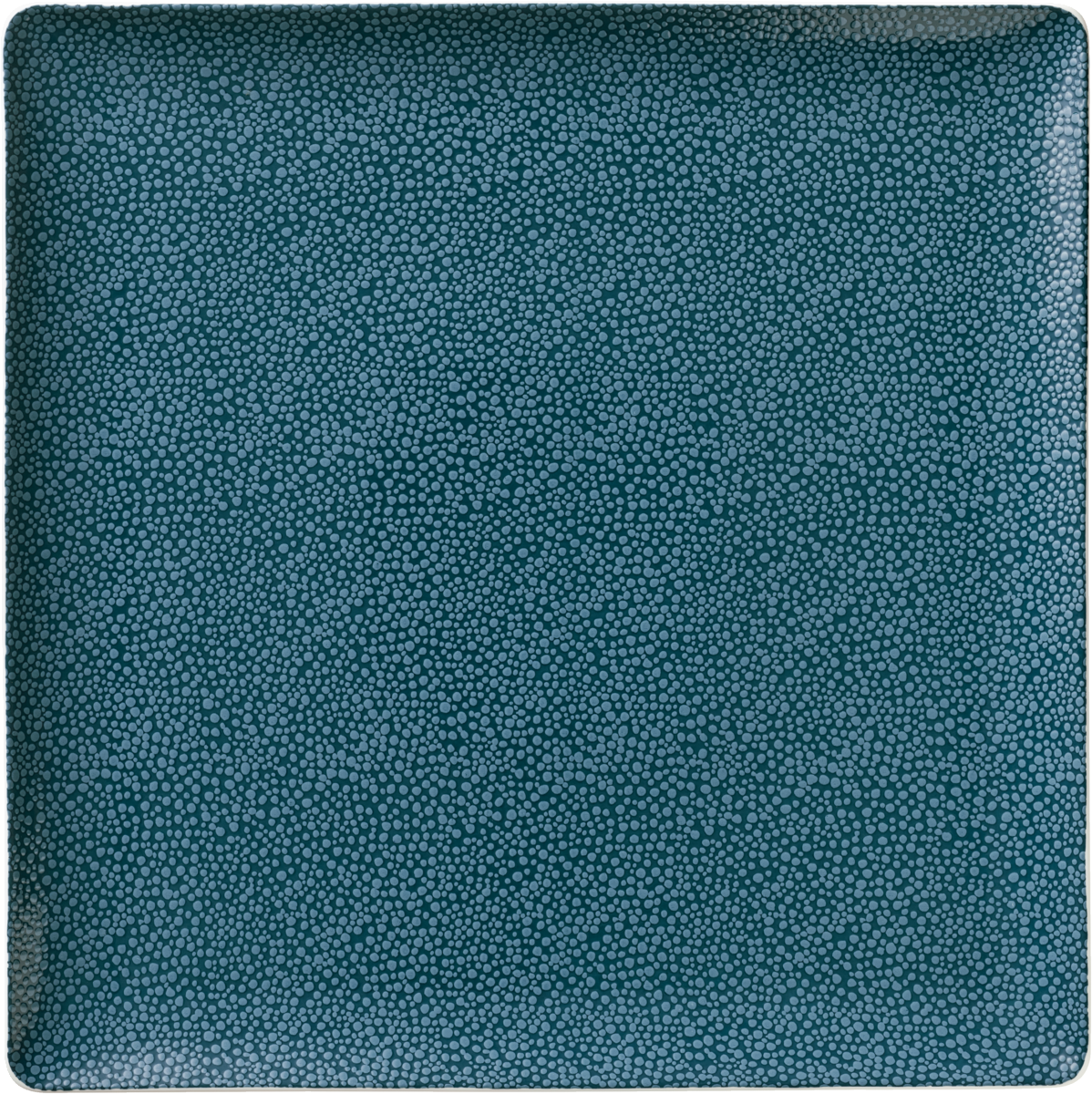 Quadratischer, blauer Teller mit Muster.