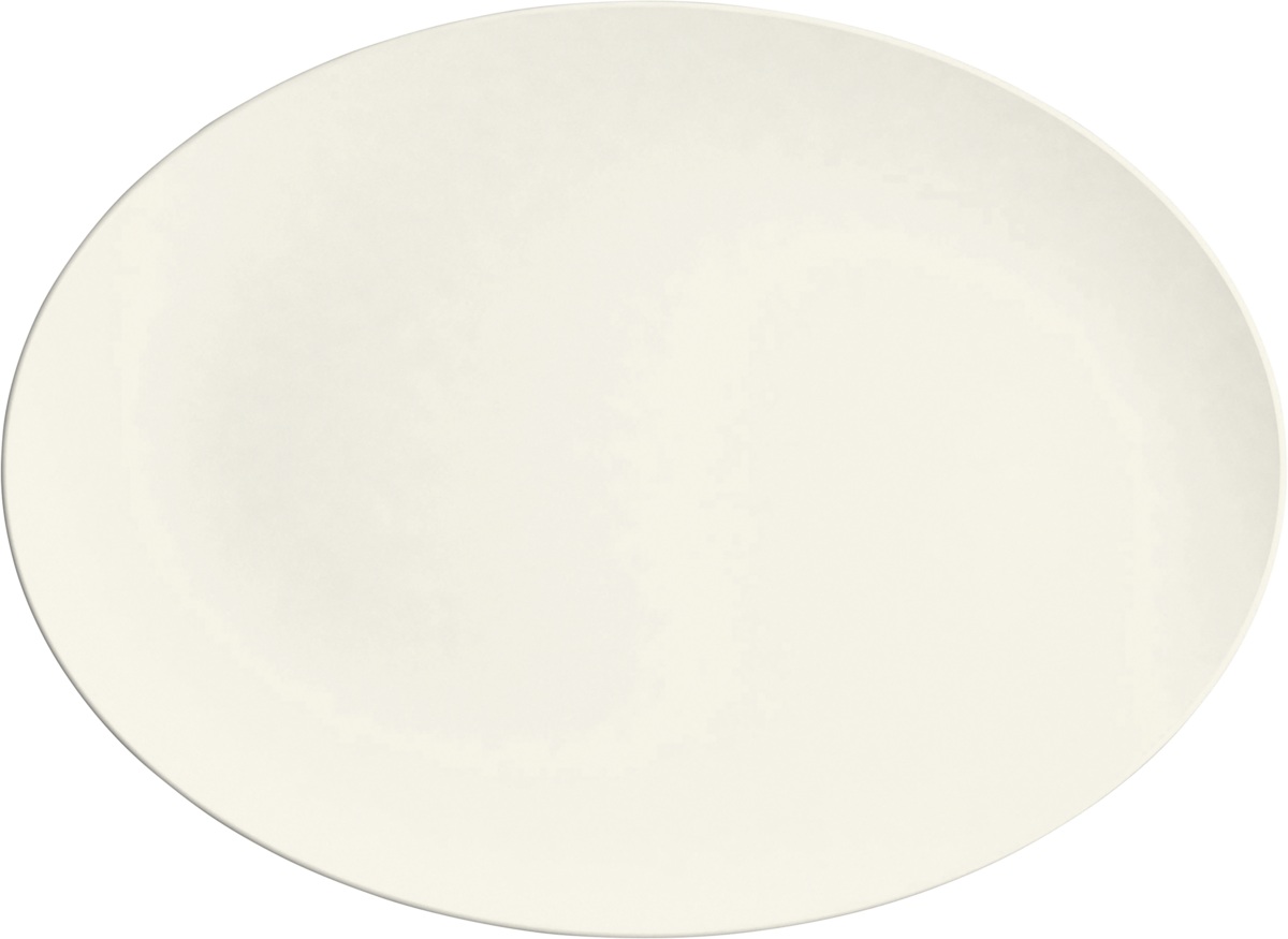 Weiße, ovale Servierplatte, seitlich.