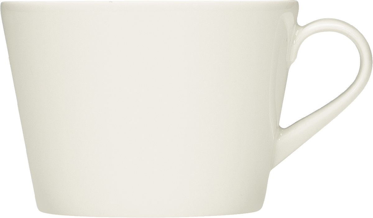 Weiße Tasse mit Henkel.