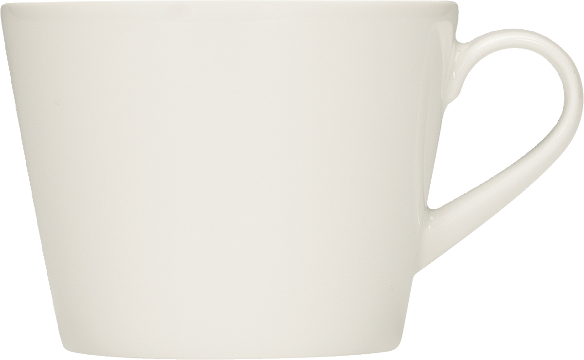 Weiße Tasse mit Henkel.