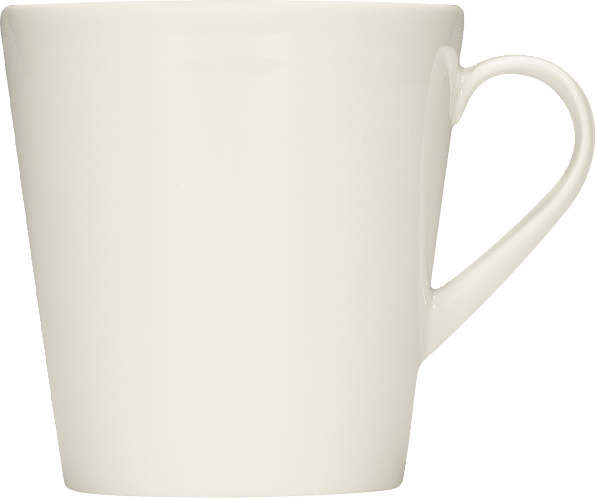 Weiße Tasse mit Henkel.