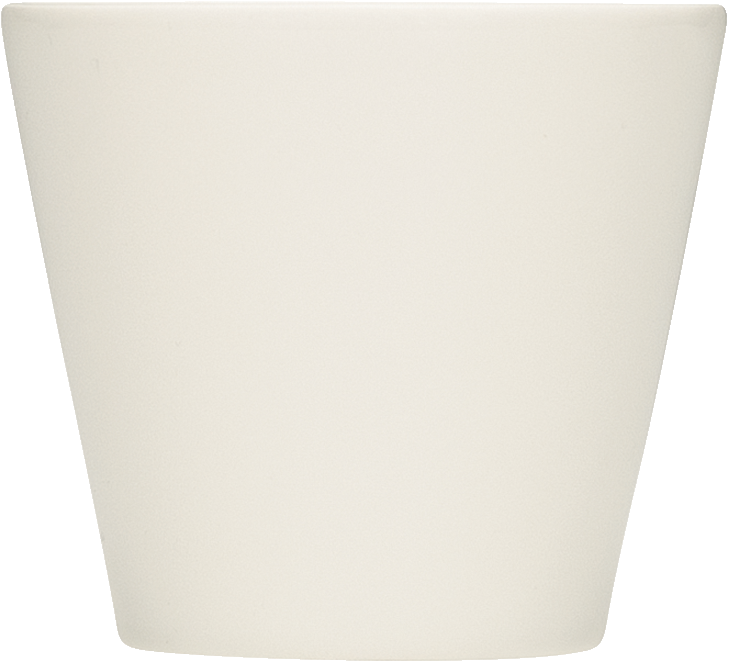 Weißer, konischer Becher ohne Henkel.