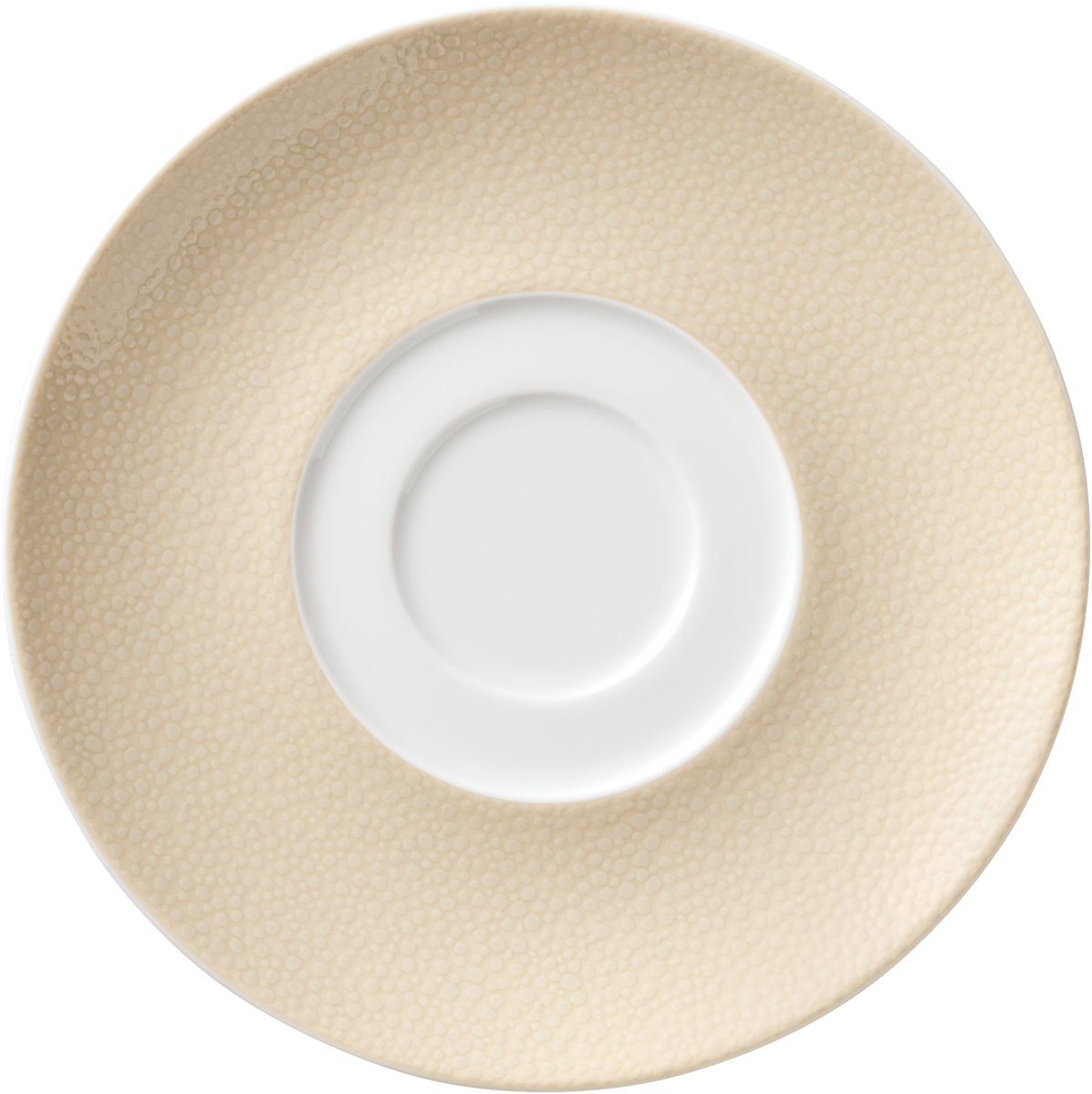Beige Untertasse mit weißem Zentrum.
