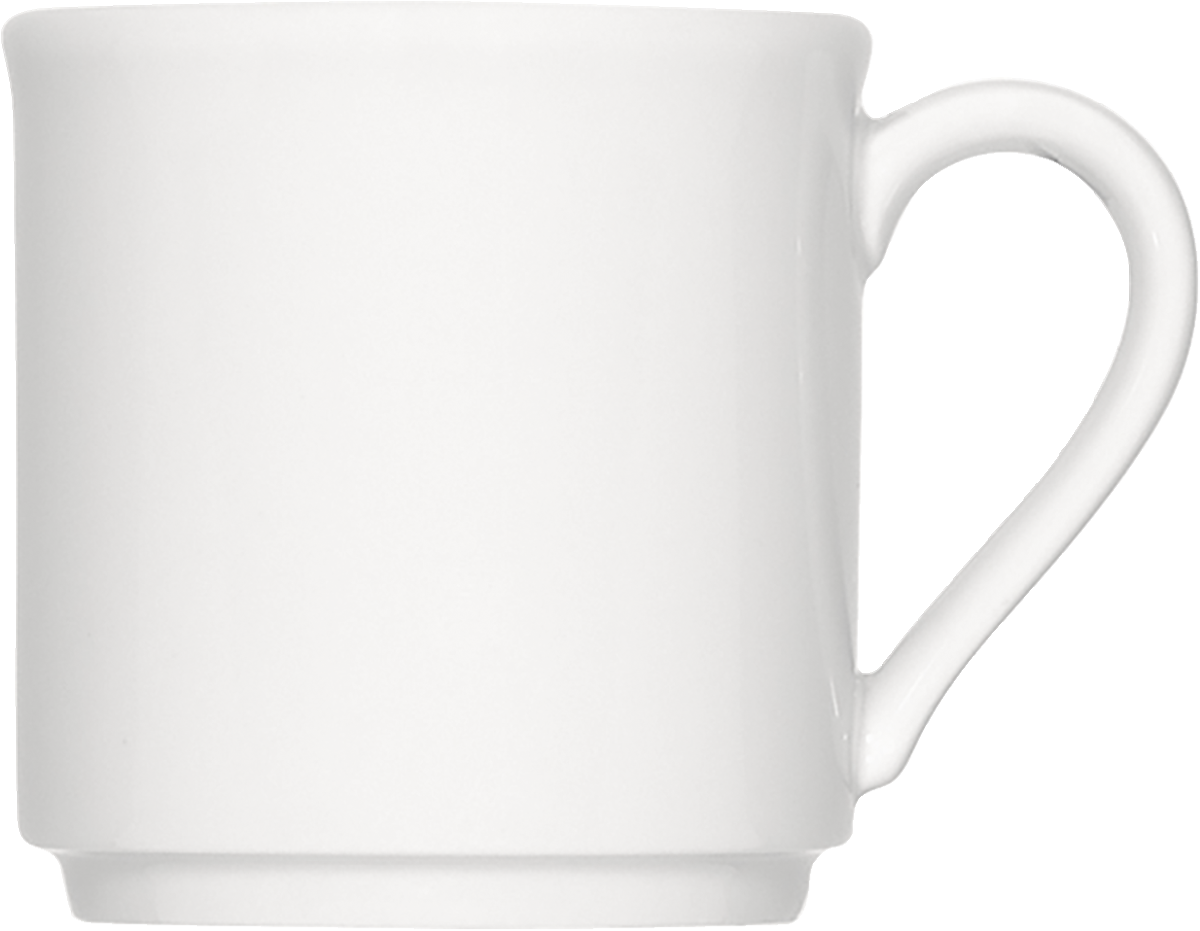 Weiße Tasse mit Henkel.