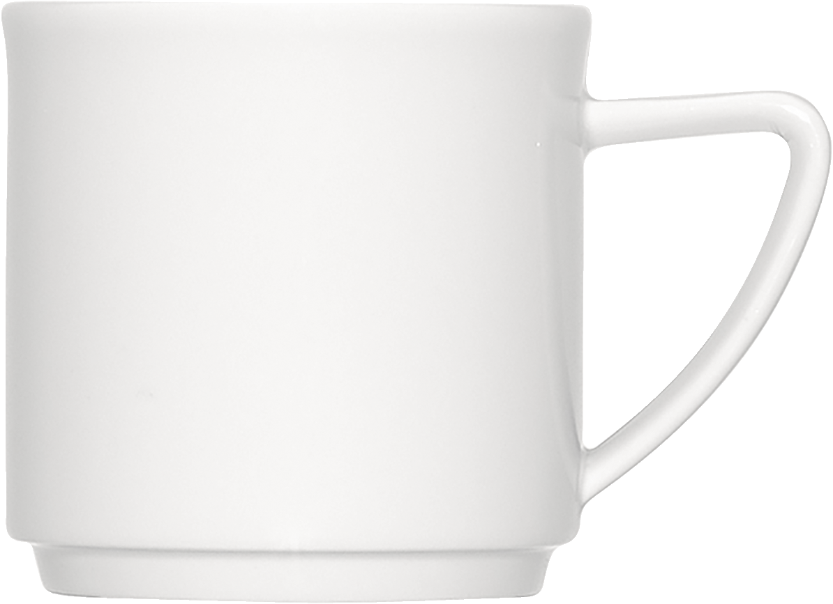 Weiße Tasse mit Henkel.