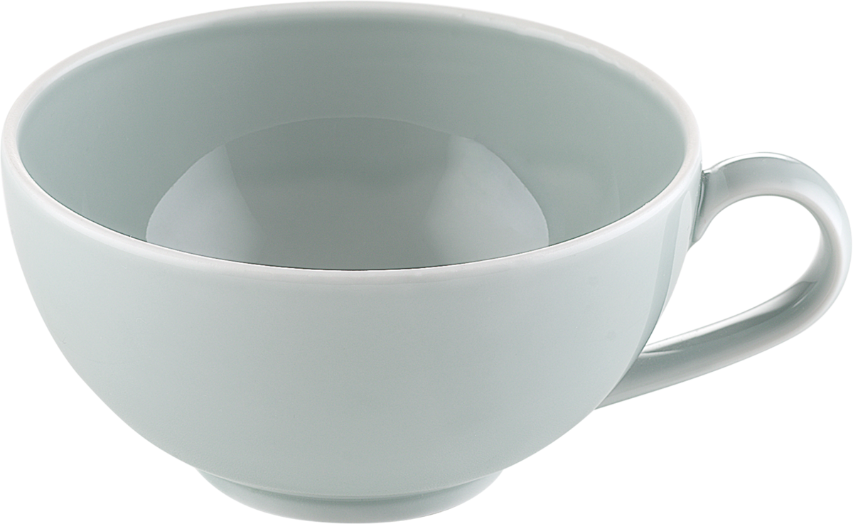Graue Tasse auf weißem Hintergrund.
