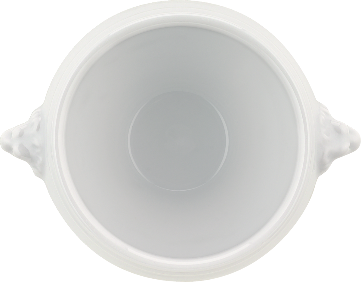 Weiße Suppenschüssel mit Henkeln.