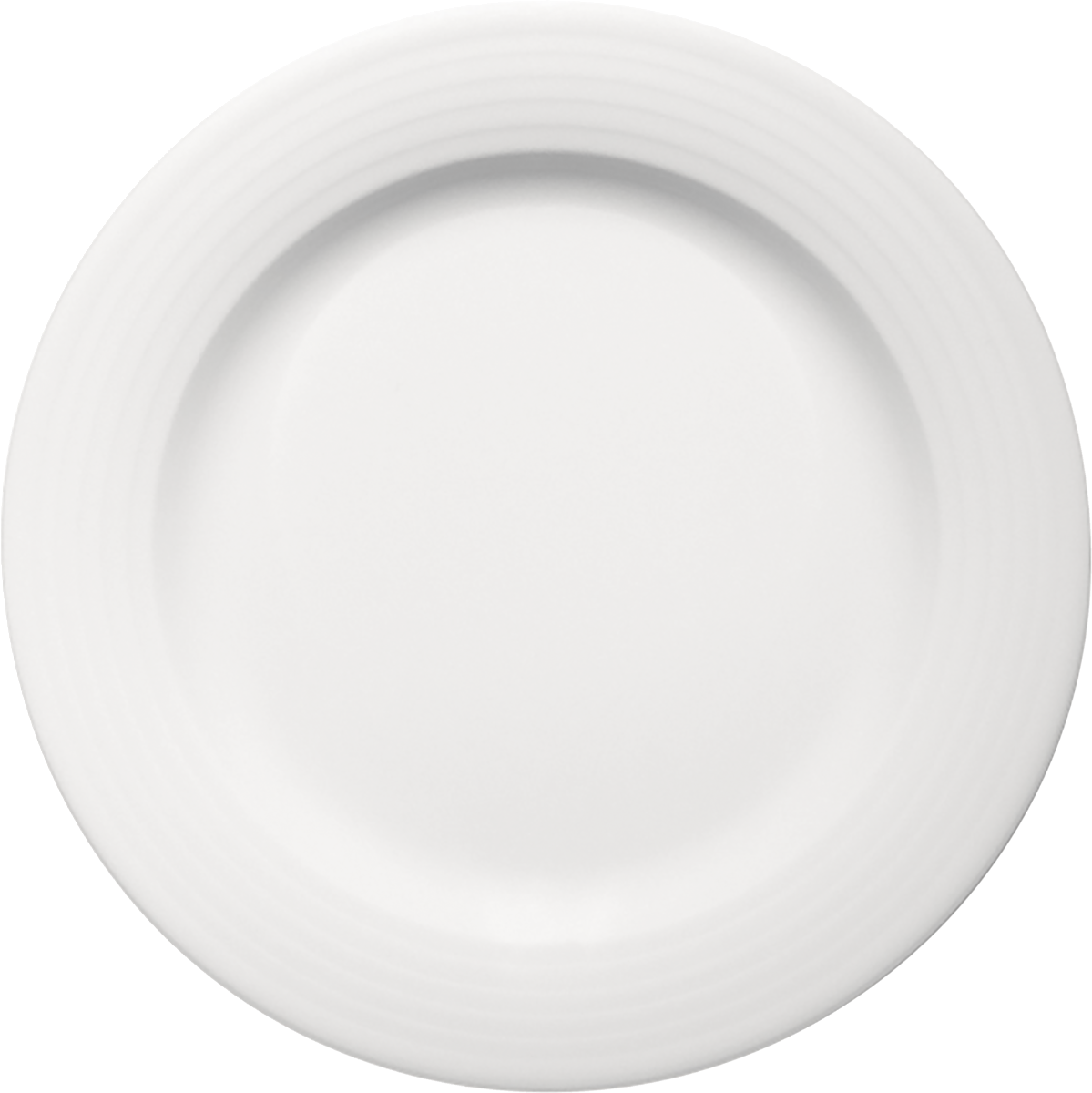 Weiße, flache Porzellanschale, seitlich.