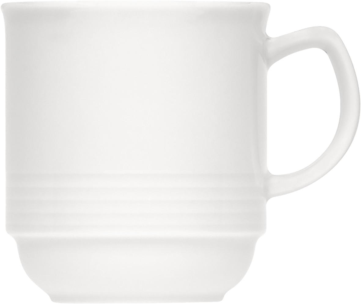 Weiße Tasse mit Henkel.