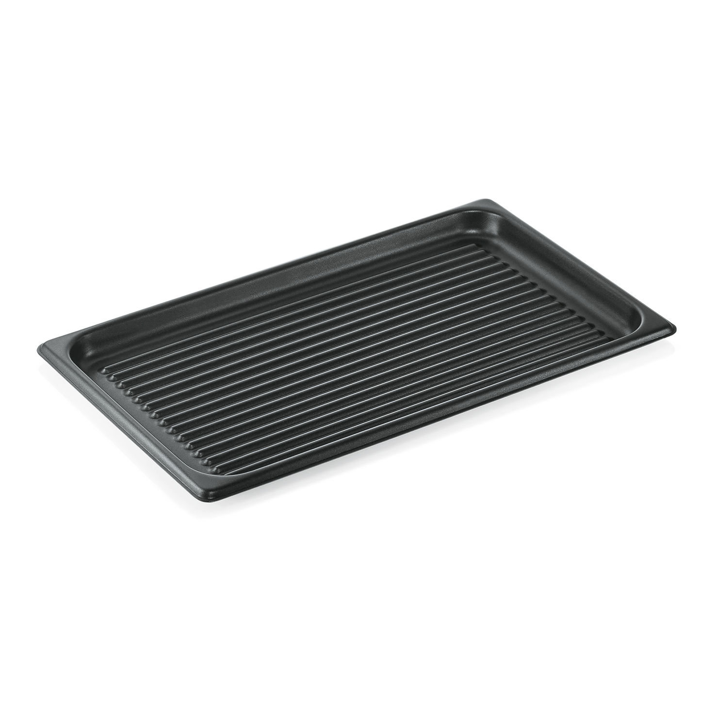 Schwarzes Grillblech mit Rillen.