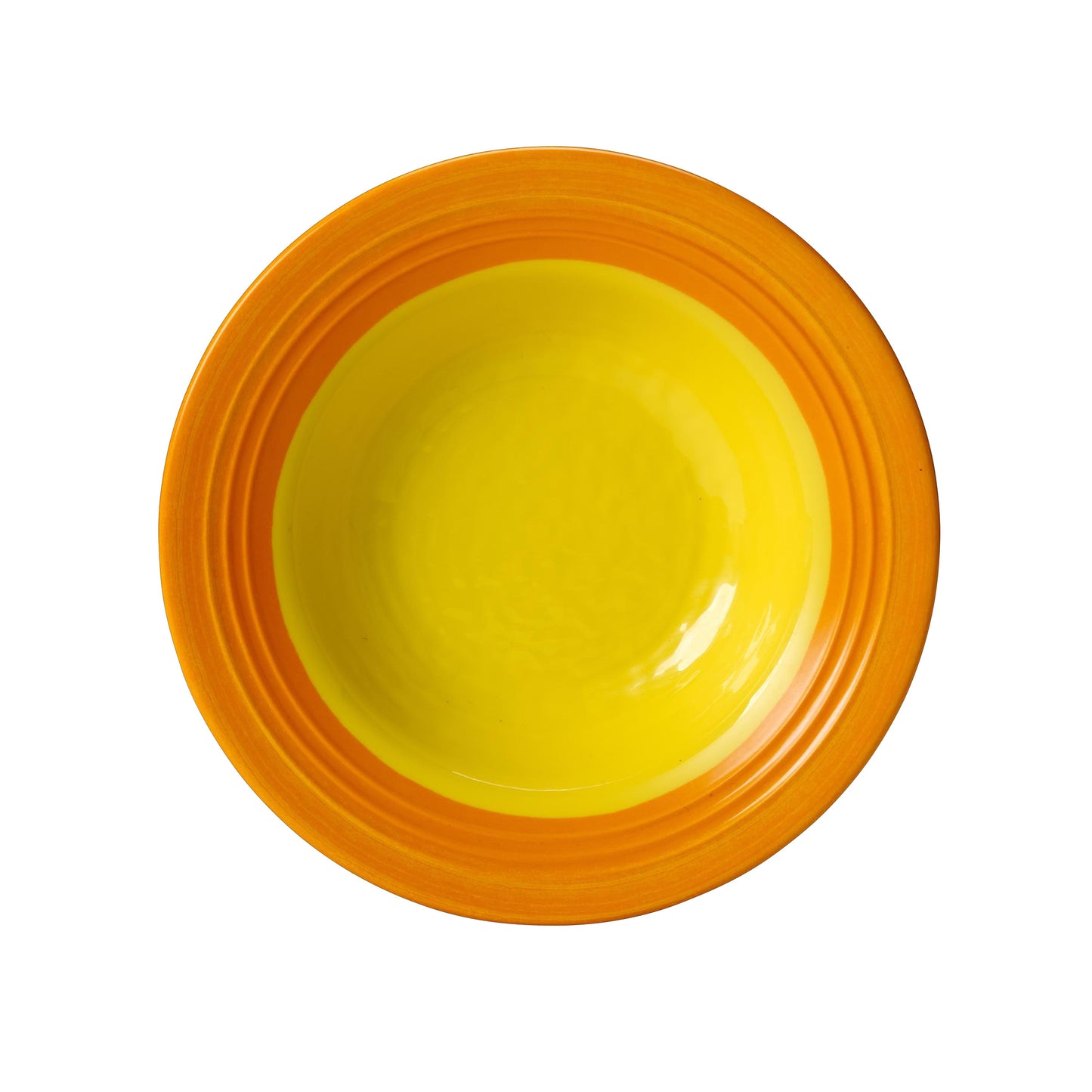 Gelber Teller mit orangefarbenem Rand.