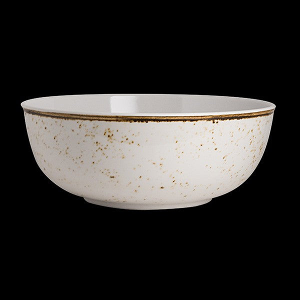 Weiße Schüssel mit braunem Rand.