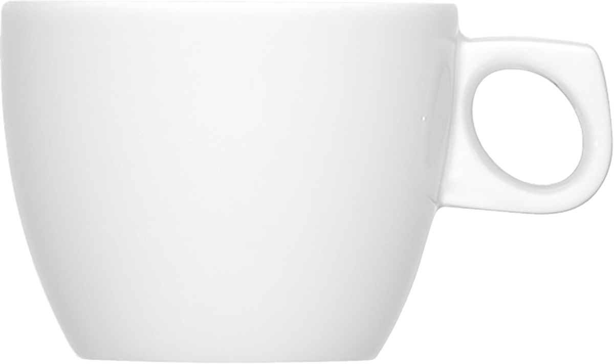 Weiße Tasse mit Henkel.
