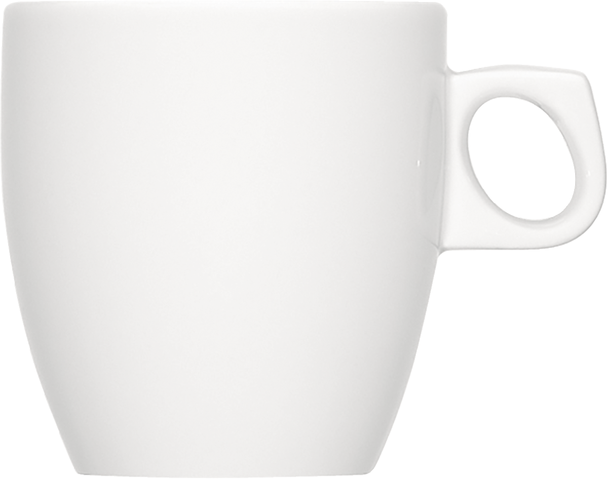 Weiße Tasse mit Henkel.