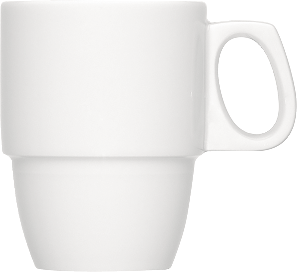 Weiße Tasse mit Henkel.
