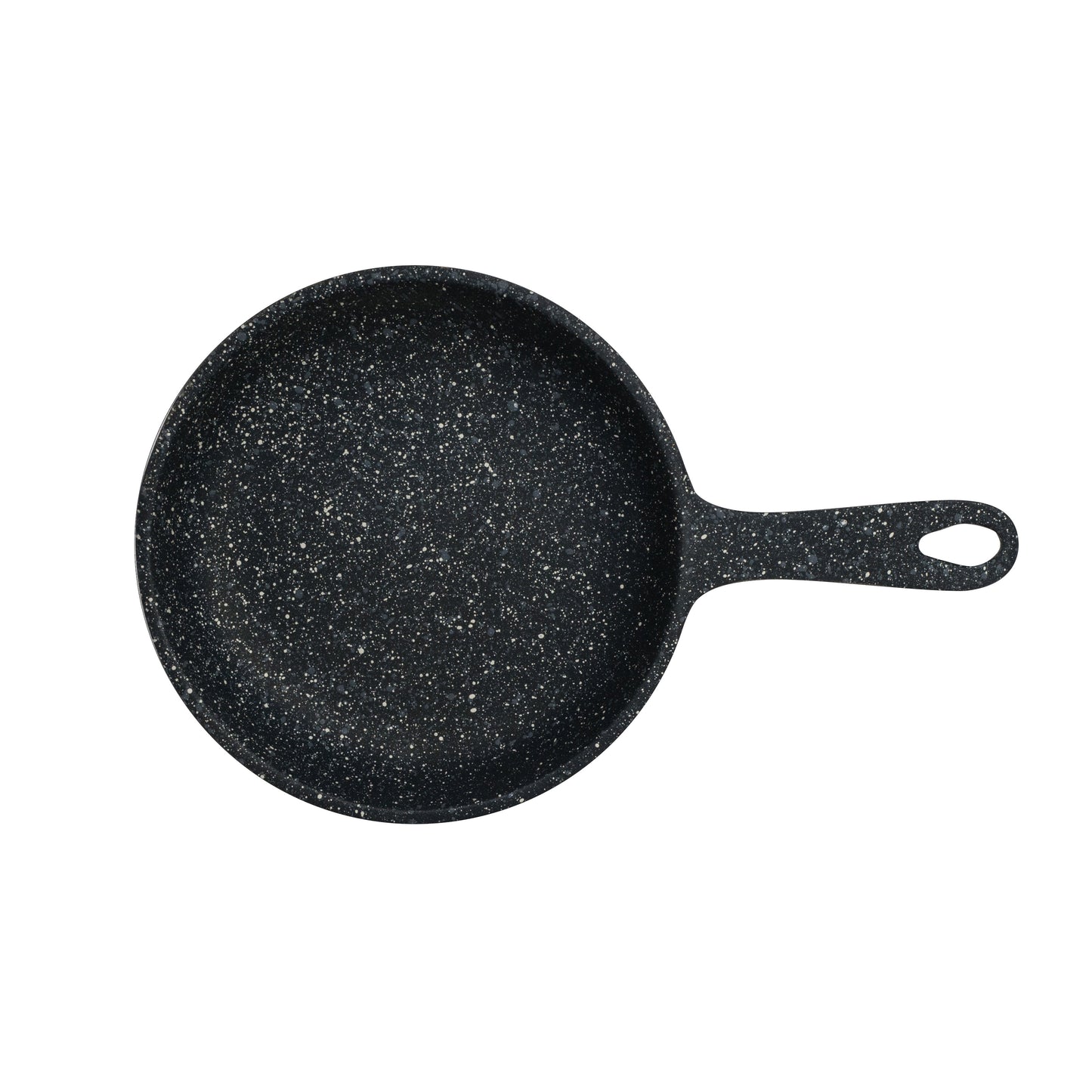 Schwarze Bratpfanne mit Griff.