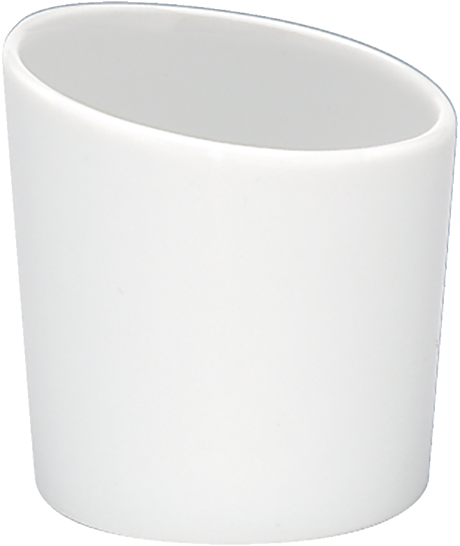Weißer, schräger Porzellanbecher.
