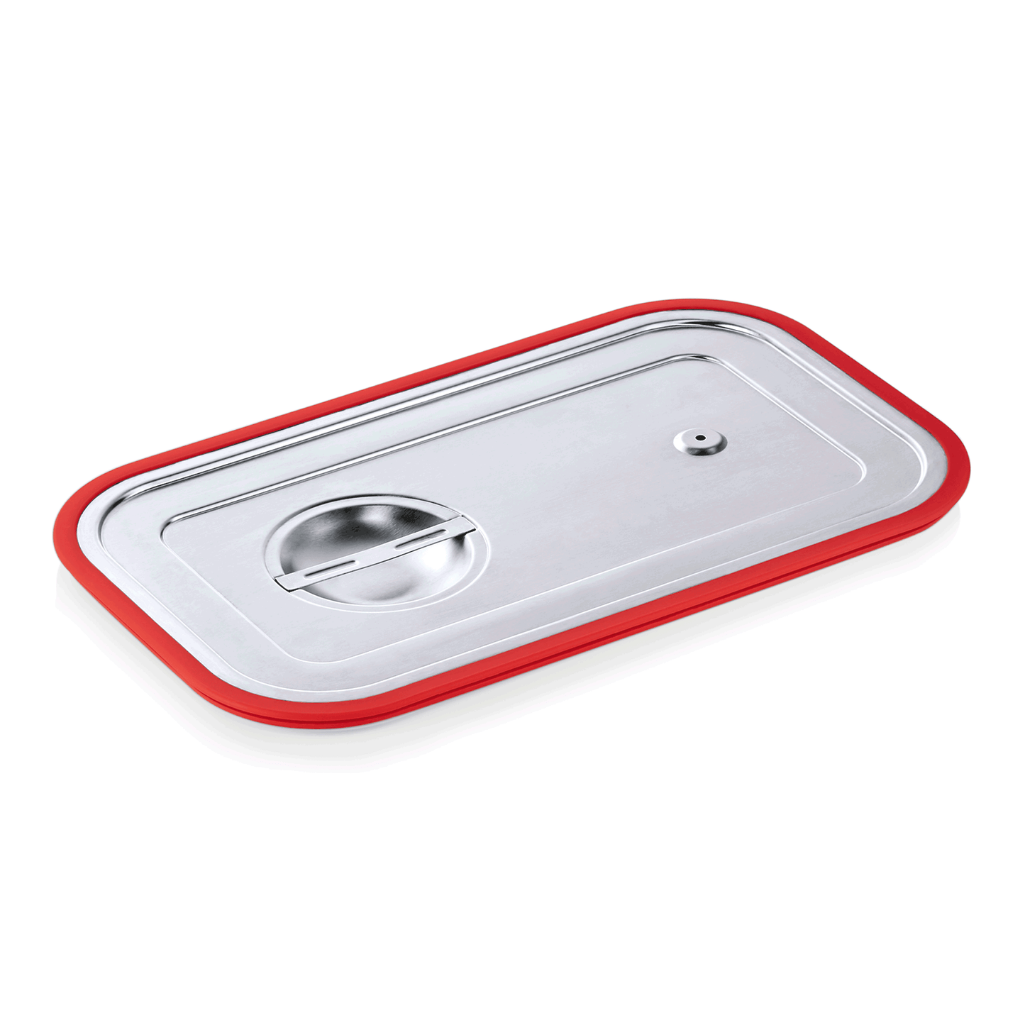 Edelstahl-Deckel mit rotem Rand.