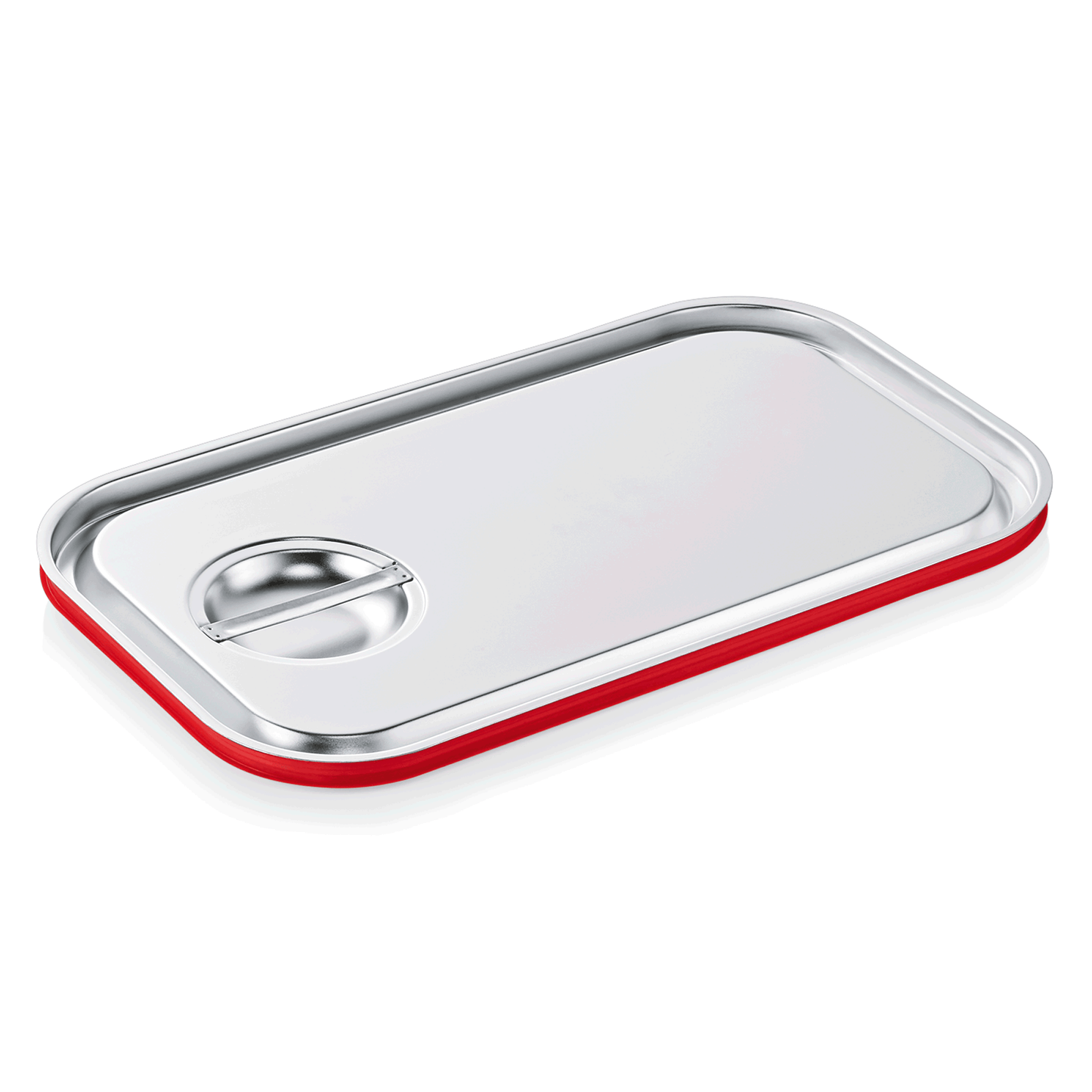 Edelstahl-Deckel mit rotem Rand.