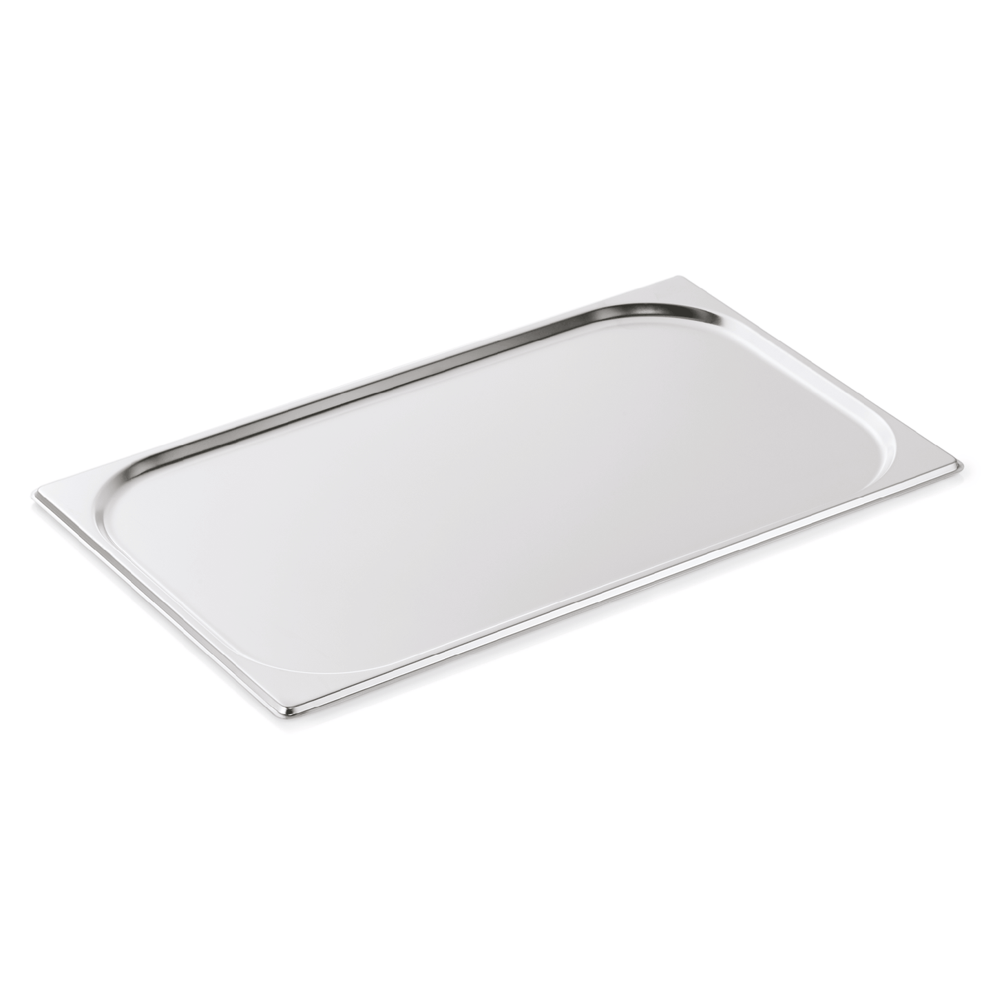 Edelstahl-Gastronorm-Behälterdeckel auf weißem Hintergrund.
