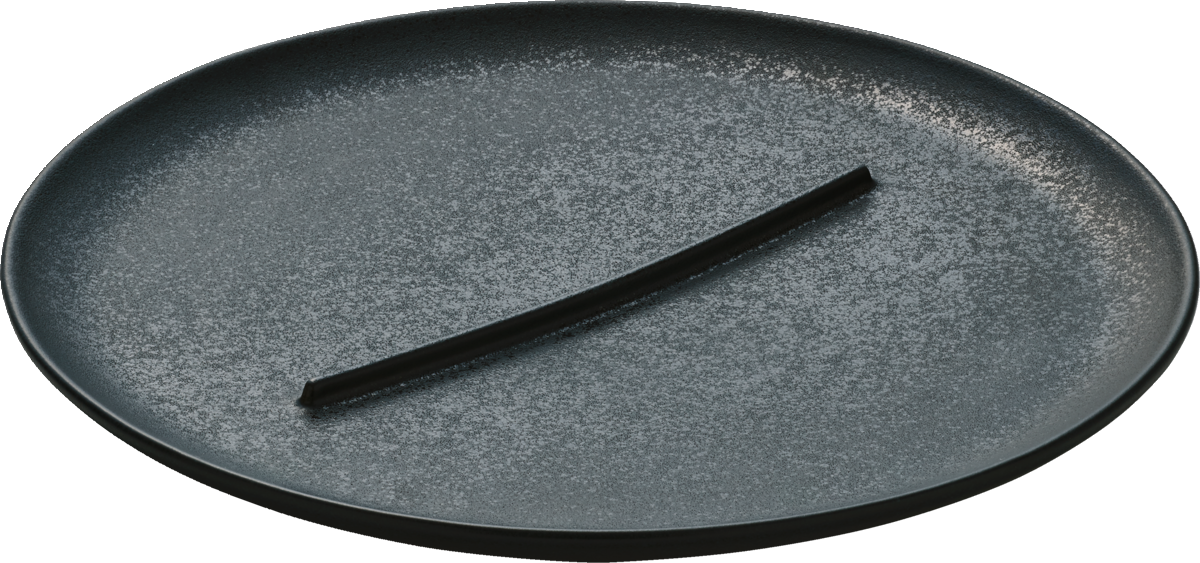 Grauer Teller mit schwarzem Stab.