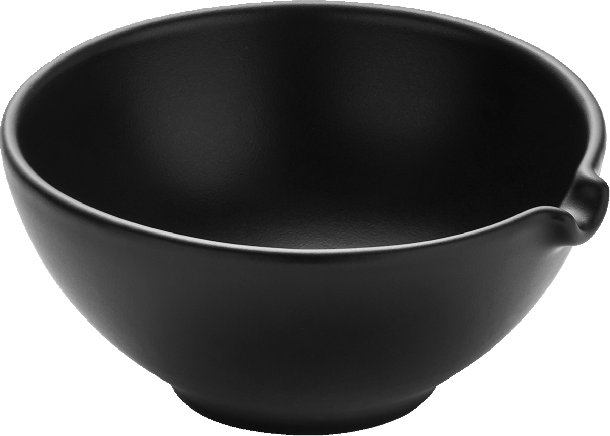 Schwarze Schüssel mit Ausguss.