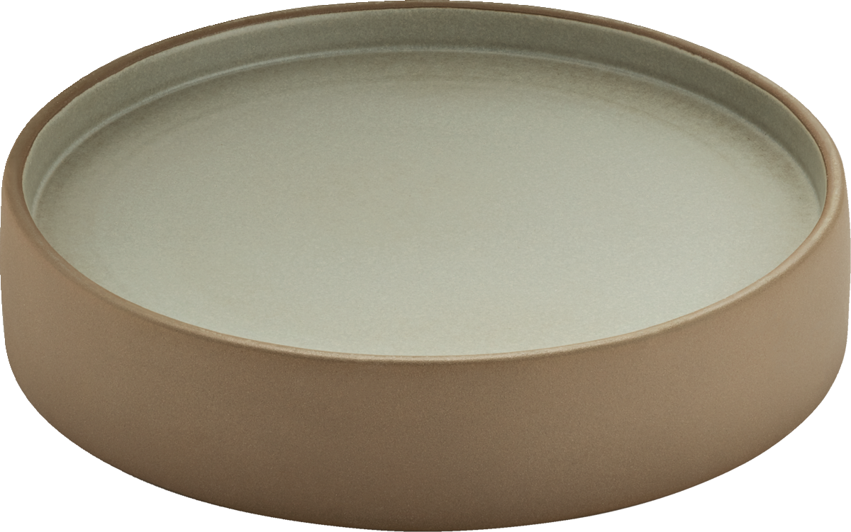 Runde, beige Schale, minimalistisch.