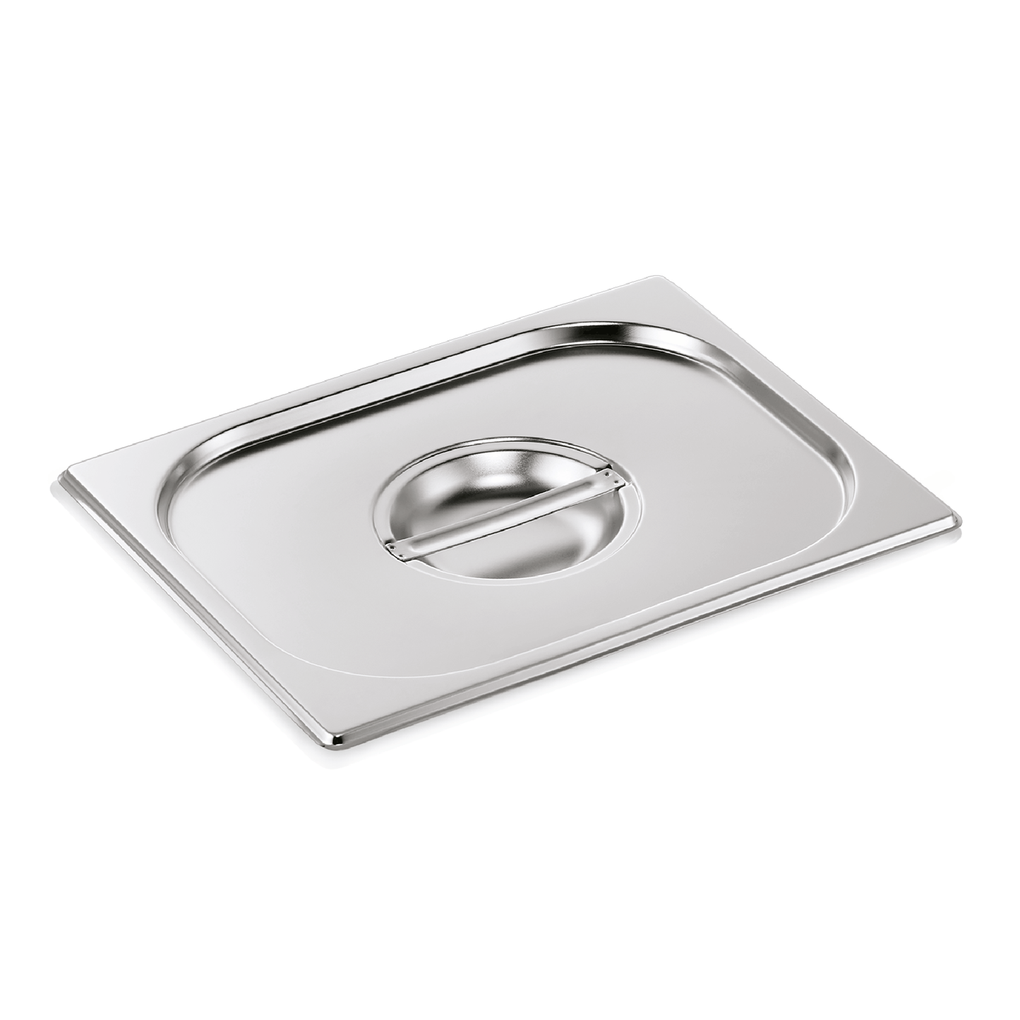 Edelstahl-Gastronorm-Deckel auf weißem Hintergrund.