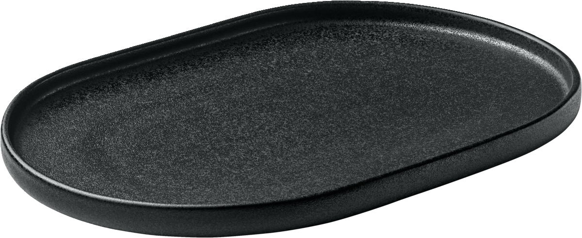 Schwarze ovale Platte, 30 cm.