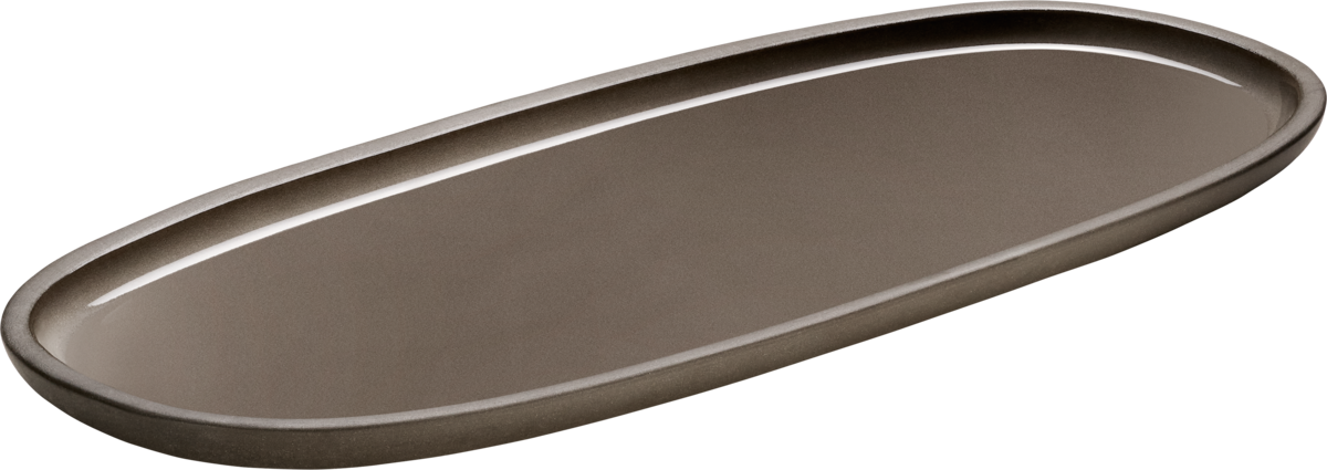 Braune ovale Servierplatte aus Porzellan.