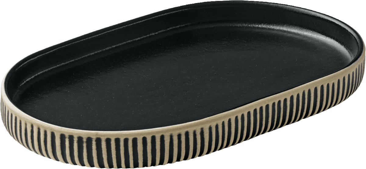 Schwarze ovale Platte mit Relief.