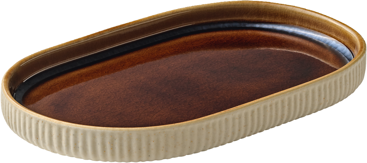 Ovale braune Servierplatte mit Relief.