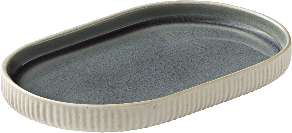 Ovale graue Servierplatte mit Relief.