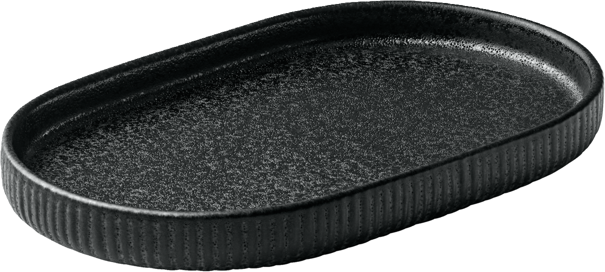 Schwarze ovale Servierplatte mit Relief.