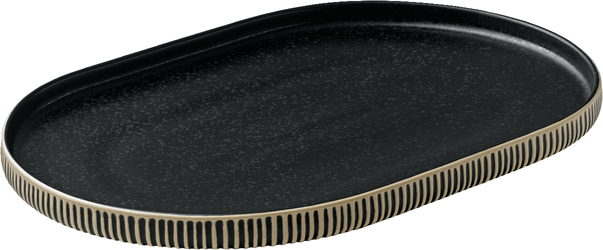 Schwarze ovale Servierplatte mit Relief.
