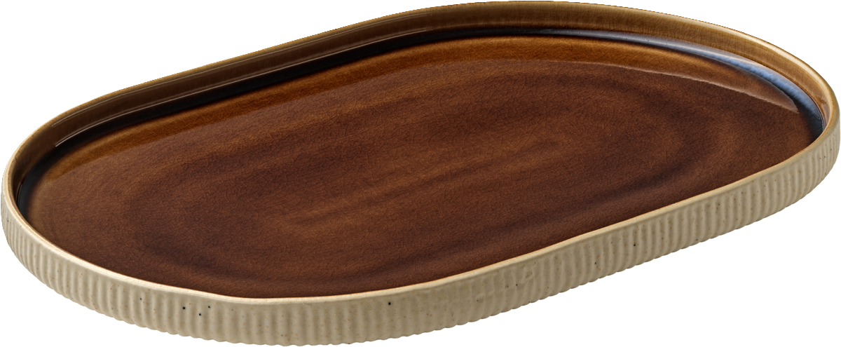 Braune ovale Servierplatte mit Relief.
