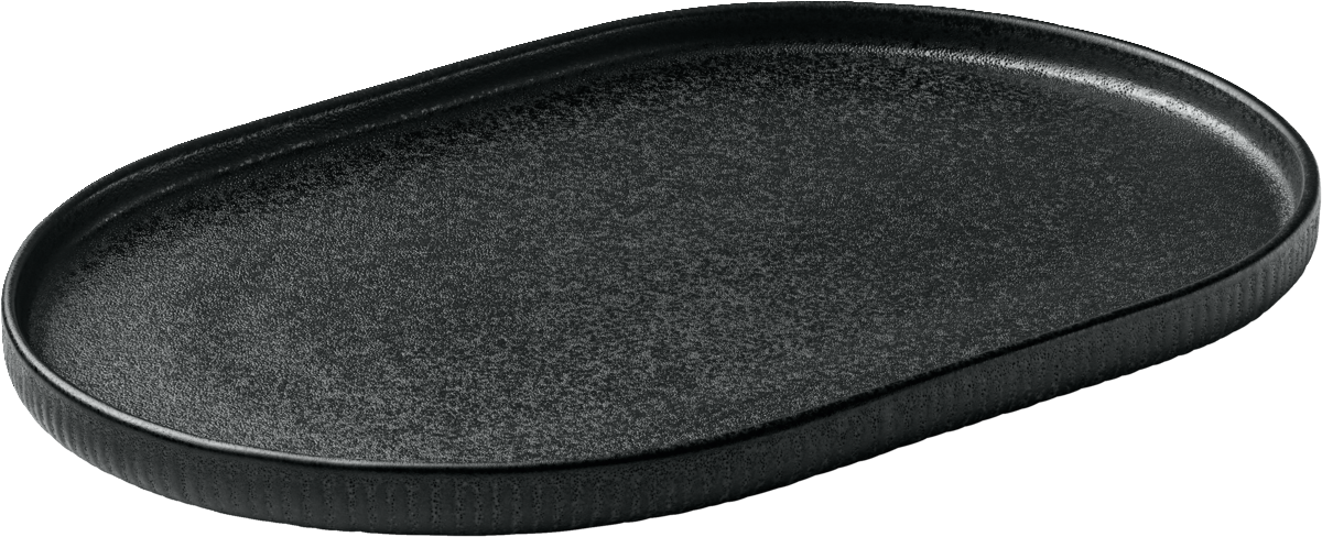 Schwarze ovale Servierplatte mit Relief.