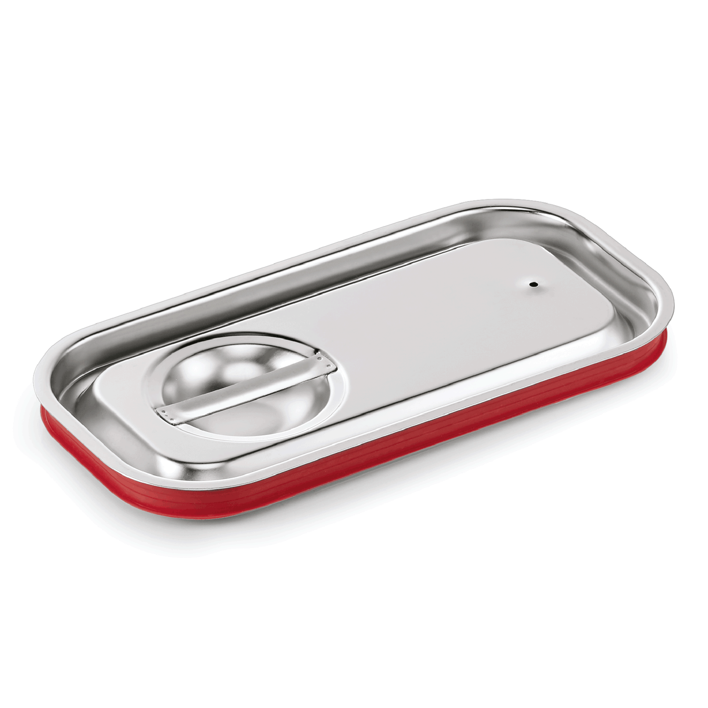 Edelstahl-Deckel mit rotem Rand.