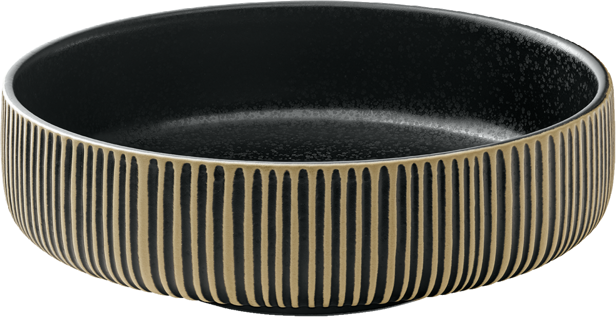 Schwarze Schale mit Streifenmuster.