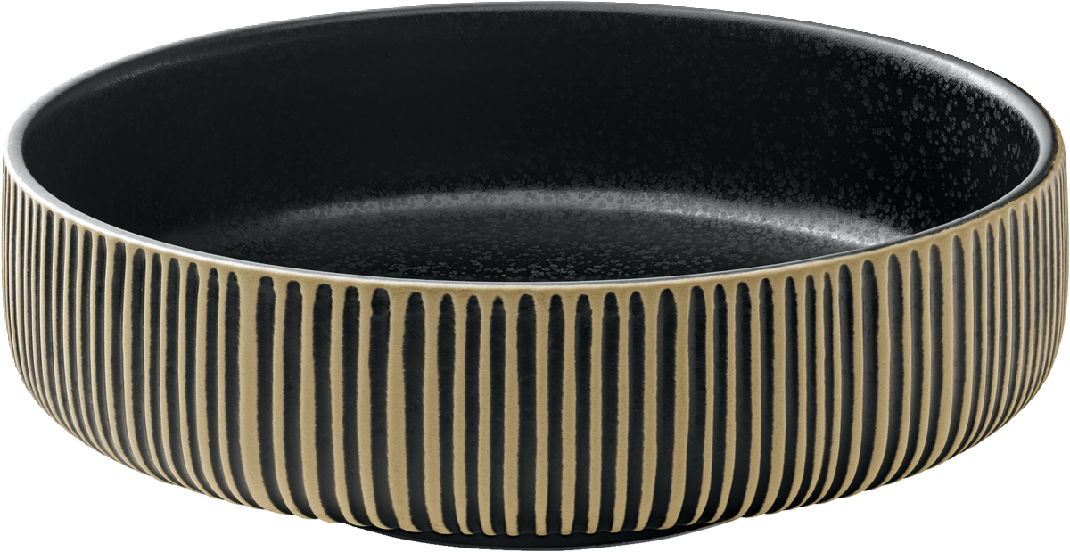 Schwarze Schale mit Streifenmuster.