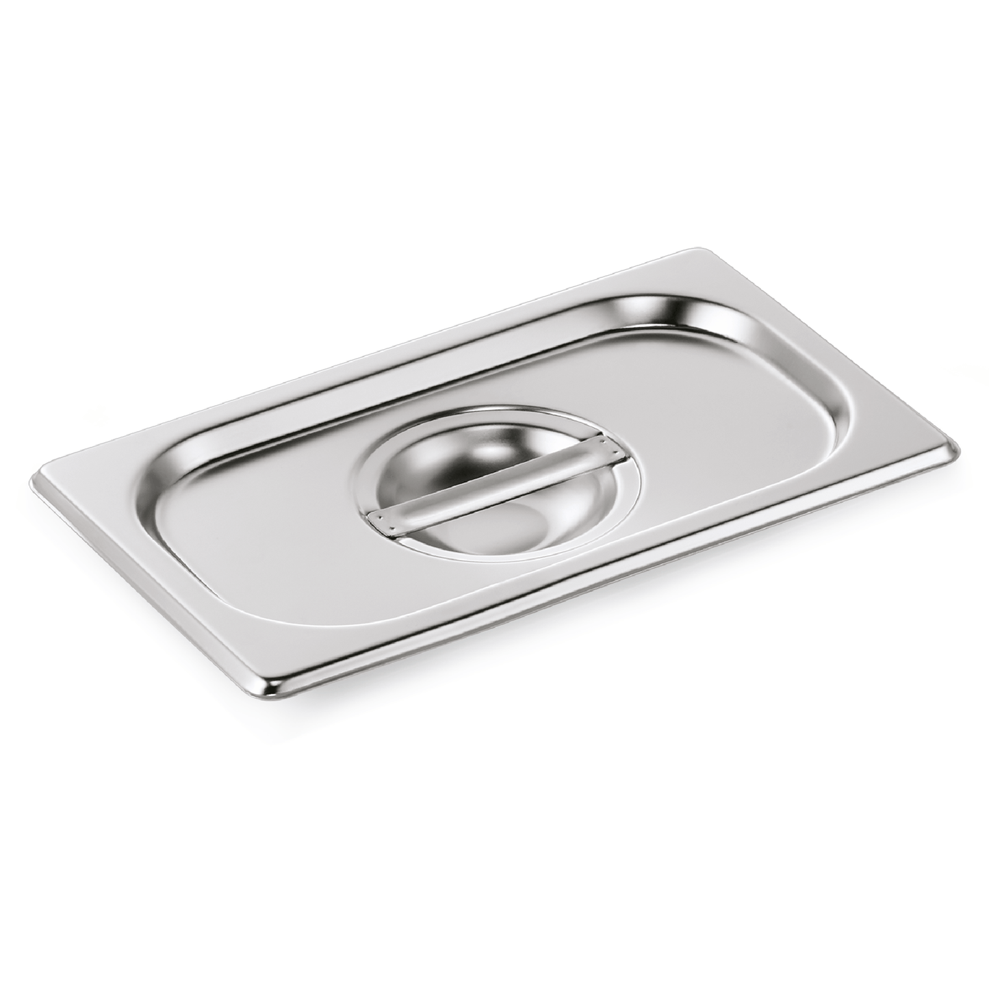 Edelstahl-Gastronorm-Behälterdeckel mit Griff.