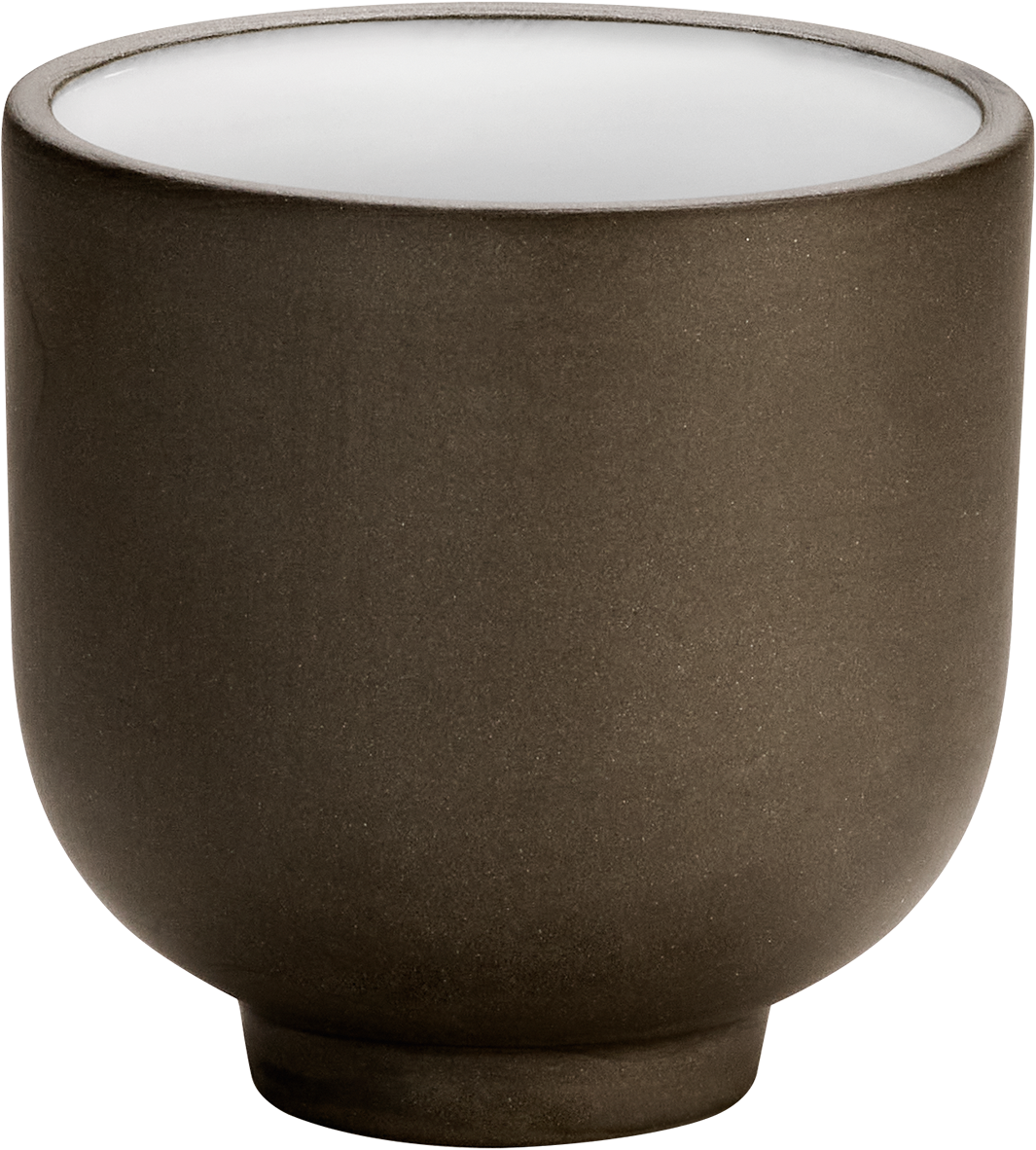 Braune Tasse mit weißem Innenraum.