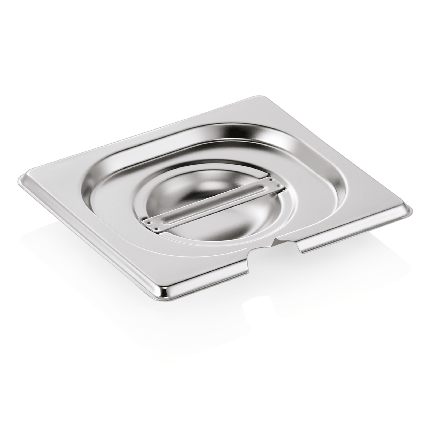 Edelstahl-Gastronorm-Behälterdeckel auf Weiß.