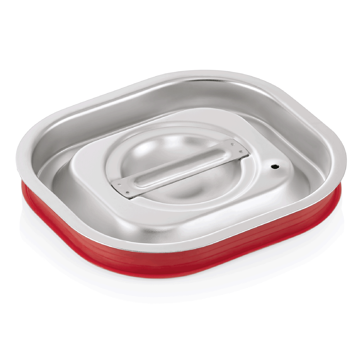 Roter GN-Behälter mit Deckel.