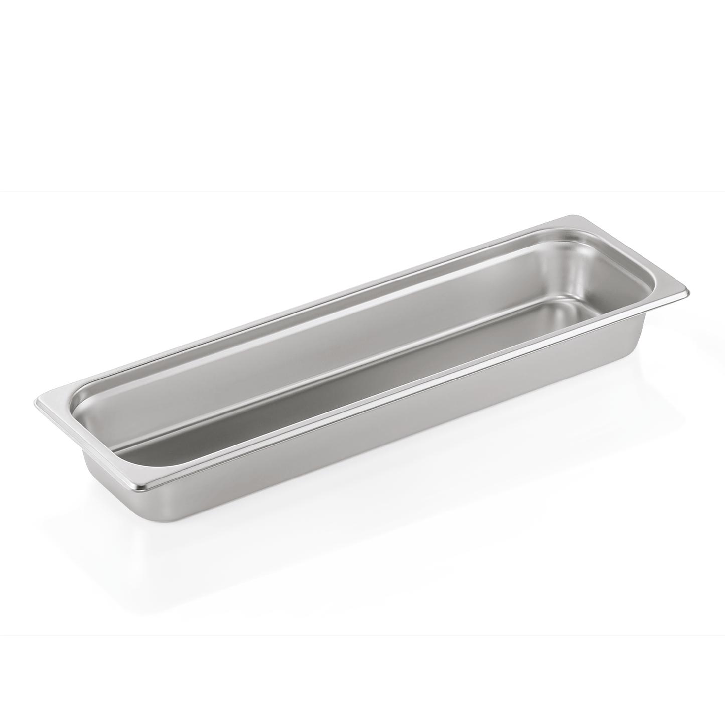 Edelstahl-Gastronormbehälter, rechteckig, silber.