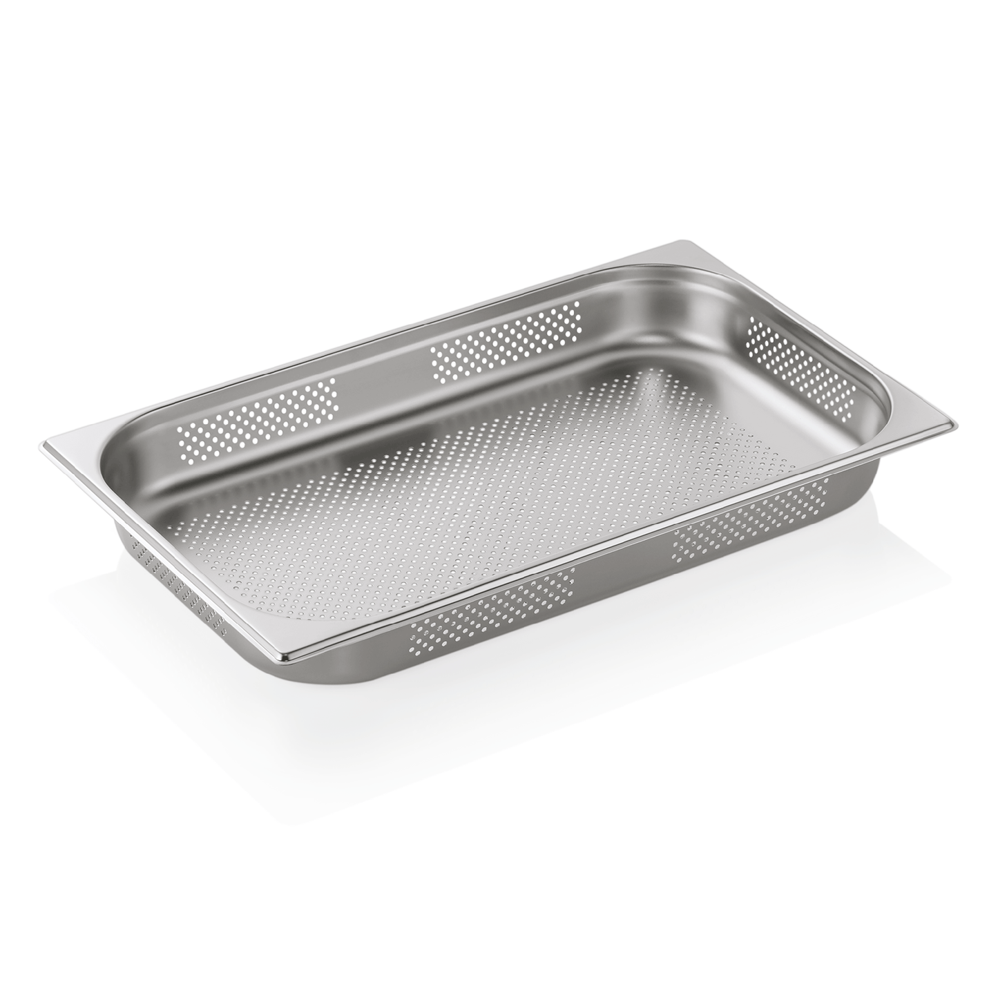 Edelstahl-Gastronormbehälter mit Löchern.