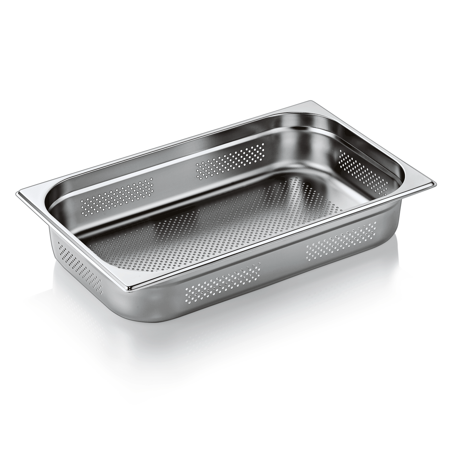 Edelstahl-Gastronormbehälter mit Löchern.
